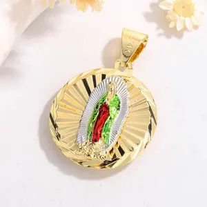 14K Gold Plated Saint Jude Medal Pendant Necklace, Religious Catholic Jewelry with Green Enamel Detail, Sunburst Design