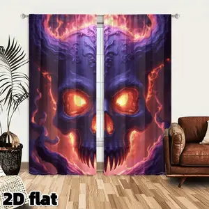 2D Flat 2Pcs Skull Flame Curtains Flaming Purple Head Gothic Window Panels Fire Burning Effect Horror Theme Treatment Blackout Drapes for Living Room Bedroom Gaming Home Decor Halloween Party Decoration