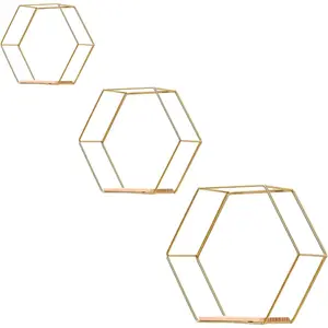 Floating Wall Shelves Set of 3,Metal Hexagon Shelving Geometric Wall Mounted Design for Living Room, Bedroom, Kitchen & Office Decor, Easy Install Modern Display Shelves with Golden Finish