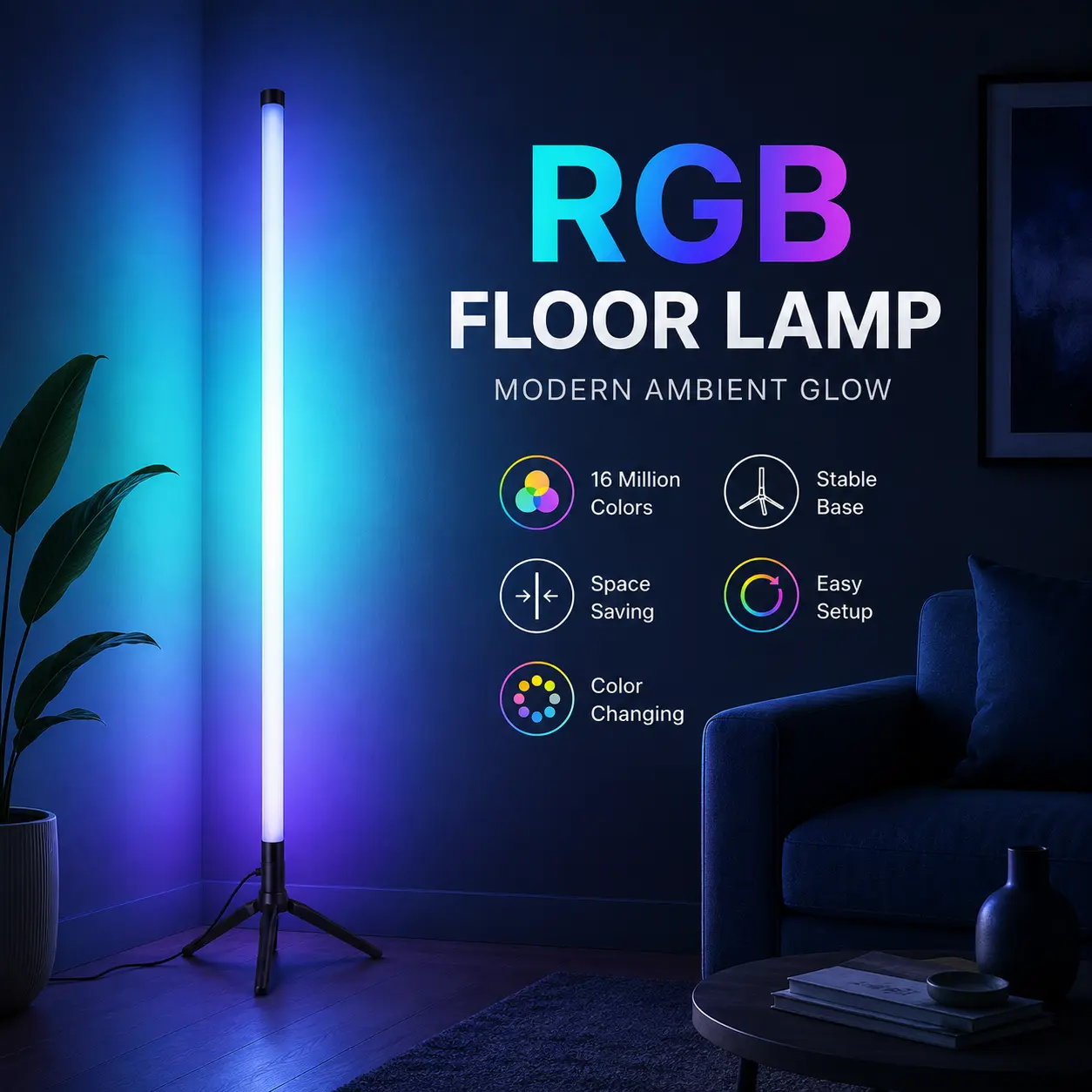 Modern RGB Corner Mood Floor Lamp, Color Changing LED Ambient Light with Stable Triangle Base, Space-Saving Standing Lamp for Bedroom, Living Room, Gaming Setup & Home Decor