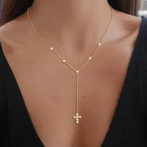 Tewiky Gold Lariat Necklace for Women - Dainty Gold Layered Y-Shaped Long Drop Zircon Cross Necklace Charm Layered Necklaces for Women Simple Jewelry Gifts