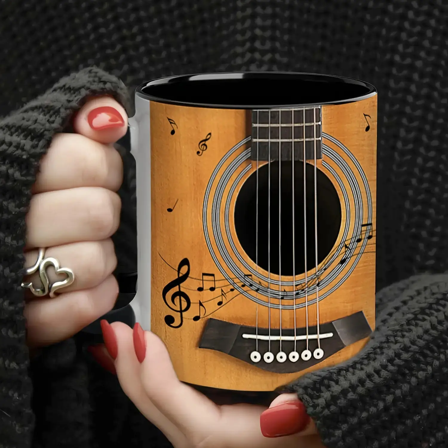 11oz Acoustic Guitar Coffee Mug, Realistic Guitar Print with Music Notes, Ceramic  Mug with Black Interior, Musician Gift Reusable Glossy Printed - TikTok Shop