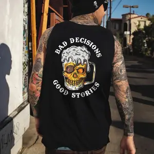 BAD DECISIONS GOOD STORIES Beer Skull Black Print Tank Top- Tattoo Street Wear Casual Cotton Shirt, Unisex, Minimalist Style, Trending for Men & Women