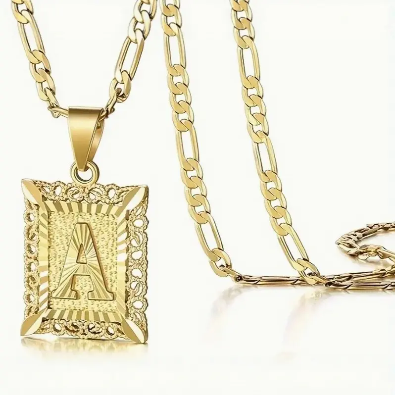 14K Gold Plated Initial Letter [A-Z] Tag Pendant Necklace, Figaro Chain Personalized Jewelry for Women