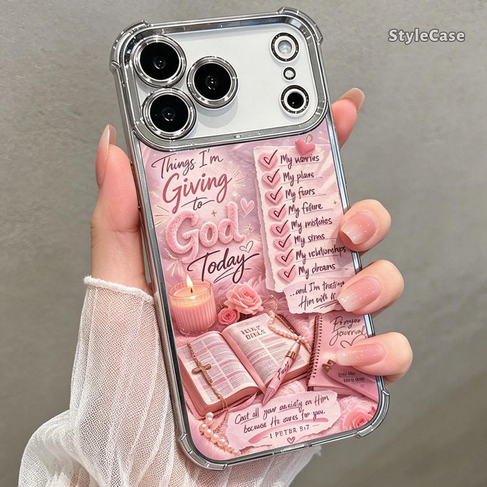 Giving to God Prayer Phone Case for iPhone 17 16 15 14 13 12 11 Pro Max Plus Air, Christian Faith Bible Verse Pink Clear TPU Shockproof Metallic Edge Cover Religious Gift DDSJ260627020