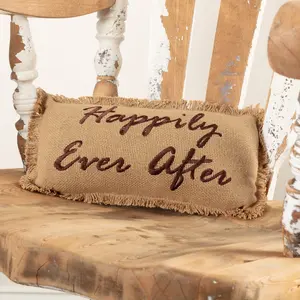 Baxter Burlap Natural Happily Ever After Embroidered Pillow