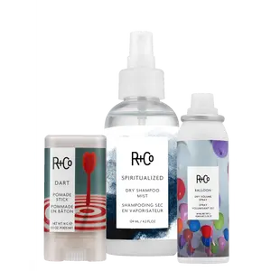 R+Co Gym Bag Essentials Trio - SPIRITUALIZED Dry Shampoo Mist, DART Pomade Stick, & BALLOON Dry Volume Spray Mini for Post-Workout Haircare