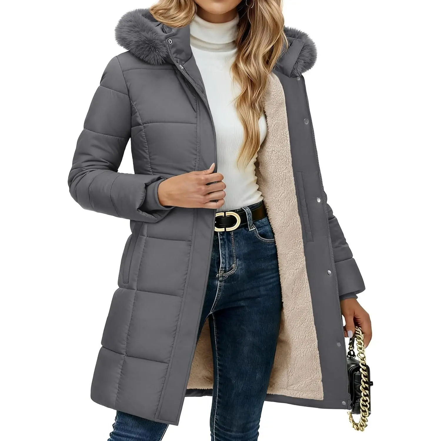 YUCOLEN Long Winter Coats for Women Fleece Lined Sherpa Puffer Jackets with Hood Pockets Zip Warm Thicken Parka Coat
