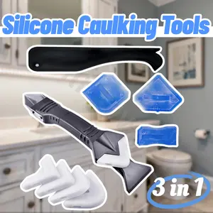 3 in 1 Silicone Caulking Tools（Stainless Steelhead）, Sealant Finishing Tool Grout Scraper, Reuse and Replace 5 Silicone Pads, Great Tools for Kitchen Bathroom Window, Sink Joint