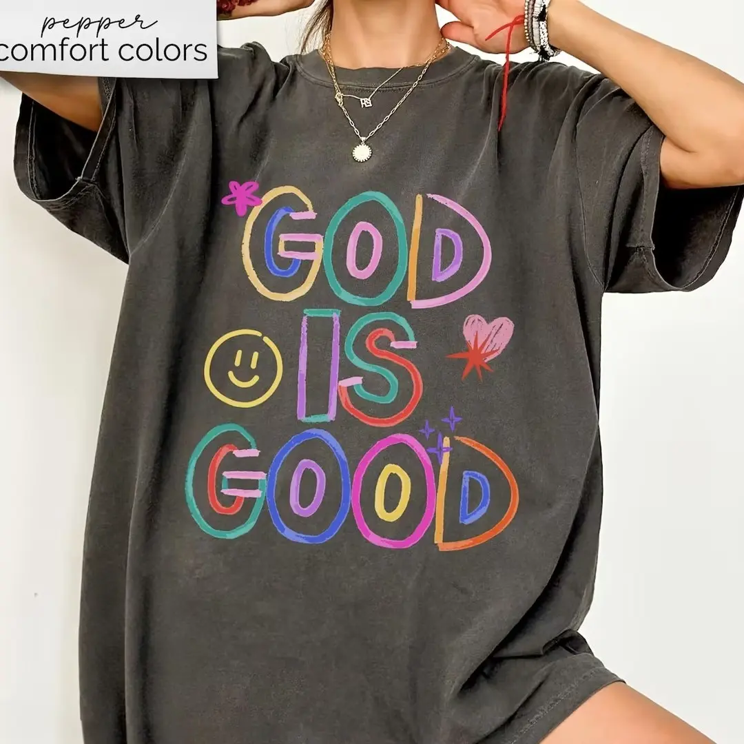 God Is Good Rainbow Doodle Letter Print Comfort Color Oversized T-Shirt Unisex  Tee