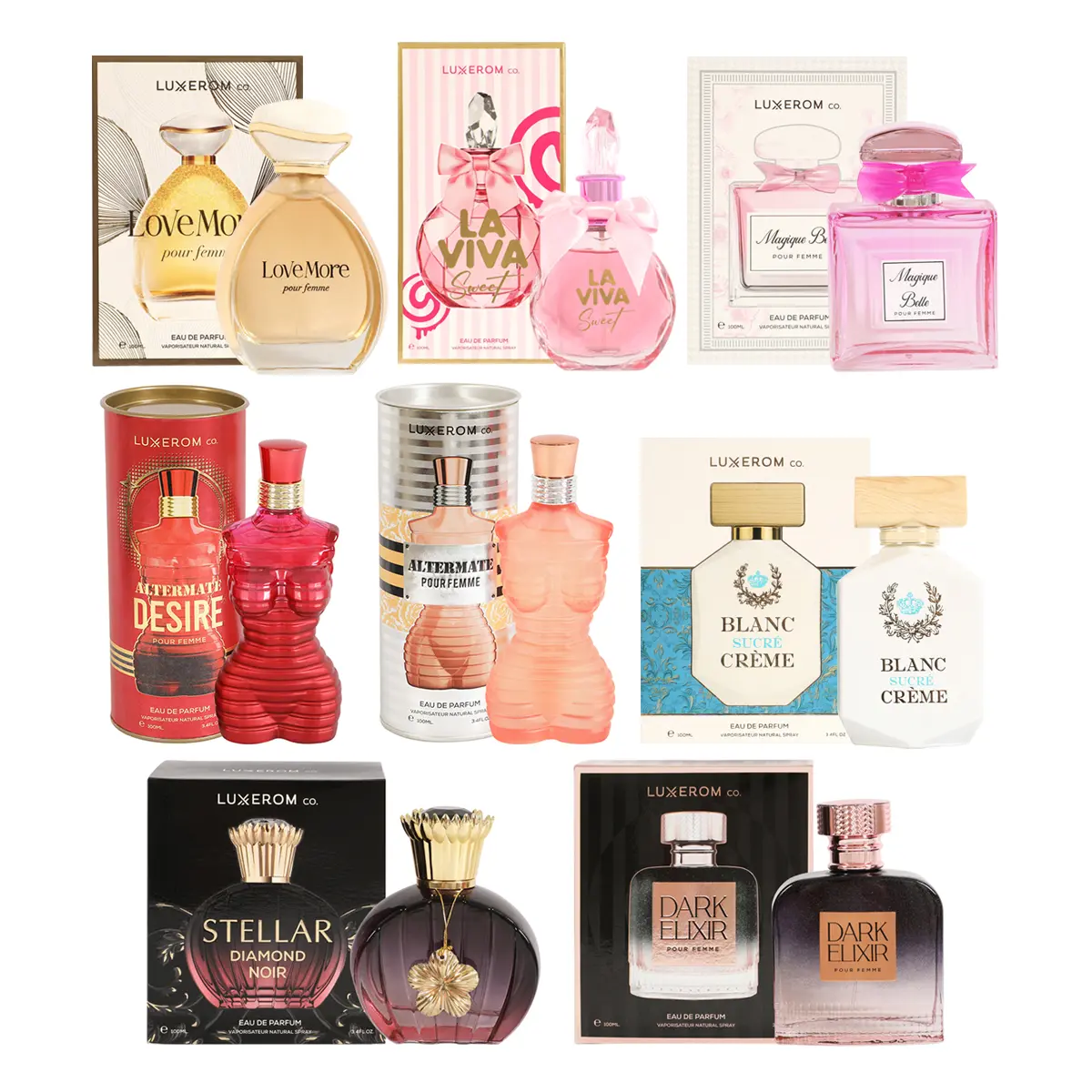 Luxerom Women's Creator Package 1 - Love More(LUX011), La Viva Sweet(LUX059), Magique Belle(LUX008), Altermate Desire(LUX013), Altermate Pour Femme(LUX014), Stellar Diamond Noir(LUX017), Blanc Sucre Creme(LUX054), Dark Elixir(LUX003) Natural Spray