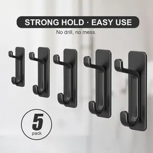 5 Pack Plastic Self Adhesive Wall Hooks Black No Drill Waterproof Double Hook Design 5 Pack Strong Wall Hangers for Bathroom Kitchen Door Towel Keys and Coat Organizer Bathroom Organizing Accessories