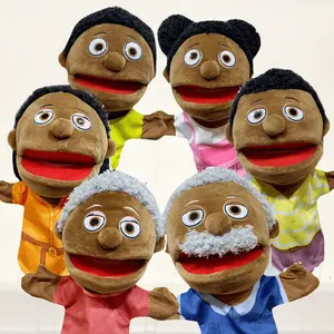 6 piece family hand puppet set; wooden hand puppets for family members; plush hand puppets for boys and girls, teenagers, storytelling games, school teaching,-school (African American)
