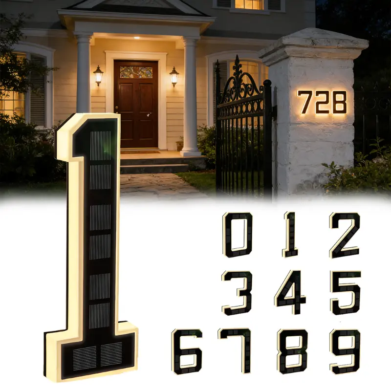 Solar LED Address Numbers 9 Inch Waterproof Outdoor House Sign, Modern Farmhouse Illuminated Plaque for Home Exterior Decor