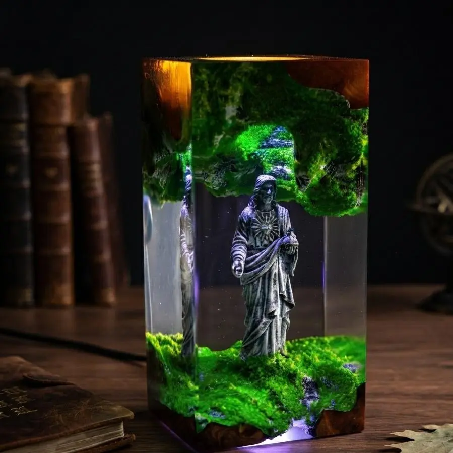 Handmade Jesus Resin LED Night Light with Wood Base, USB Powered Christian Desk Lamp, Religious Home Decor Gift with Remote Control