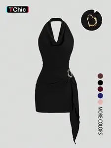 Women's Fashion Solid Color Halter Dress, Casual Office Wear, Elegant Backless Design, Perfect for Daily Use, Stylish and Comfortable, Womenswear