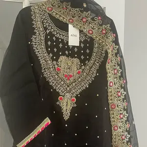 Azal Formal Luxury Collections Large Size Black Embroidered Dress with Gold Accents and Red Stones