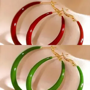2 Pairs of New High-End Women'S Red Green Big Ear Circle Design Circle Face Big Circle Earrings Suitable for Daily Wear