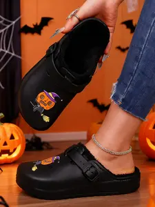 Women's Halloween Witch Hat Shoes, Pumpkin Print Winter Boots with Adjustable Strap, Warm Plush Lining, Indoor Outdoor Platform Sneakers