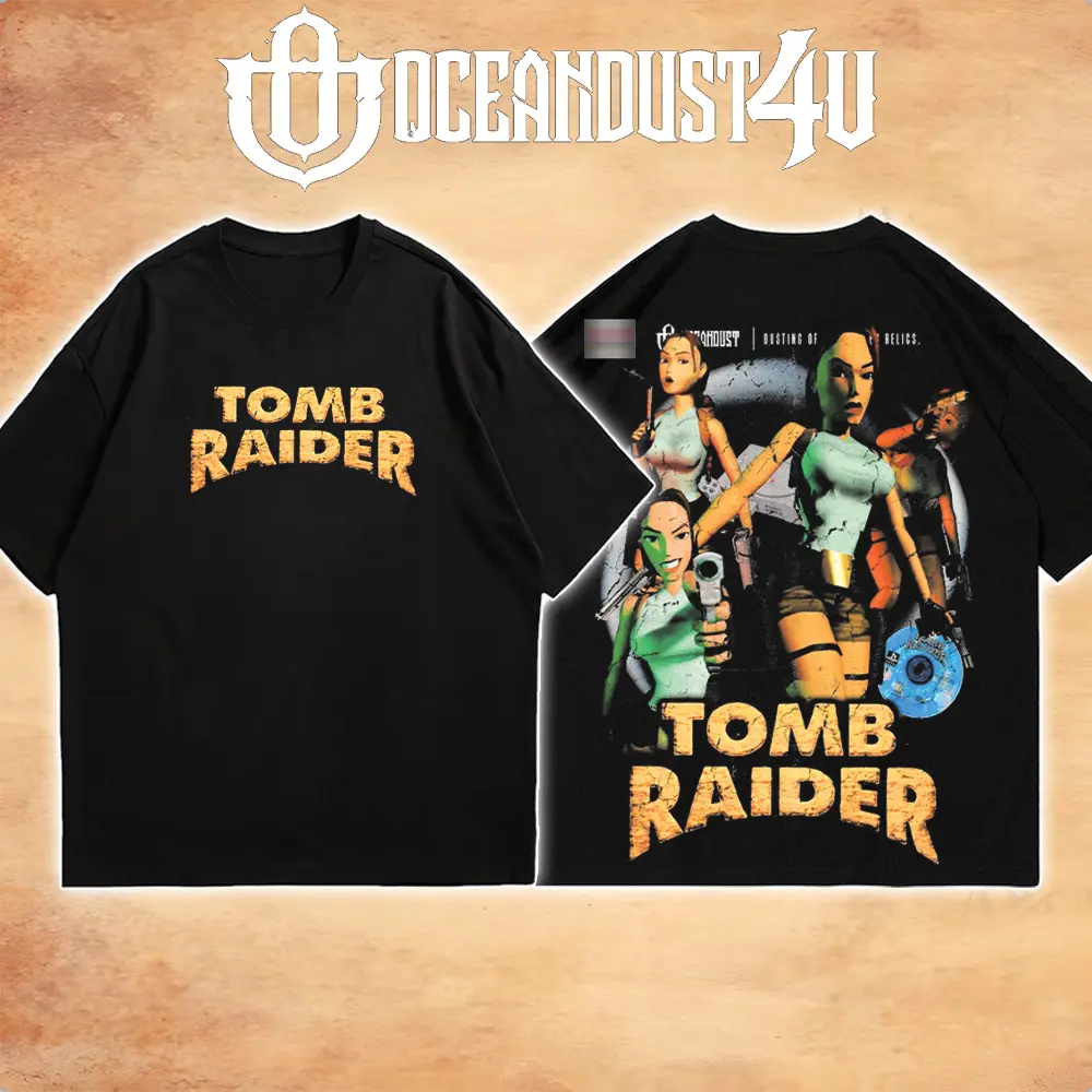 OceanMOB4U Tomb Raider Lara Croft Black T-Shirt, Front and Back Graphic Gaming Tee, Retro PlayStation Action Adventure Video Game Shirt, Unisex Gamer Gift