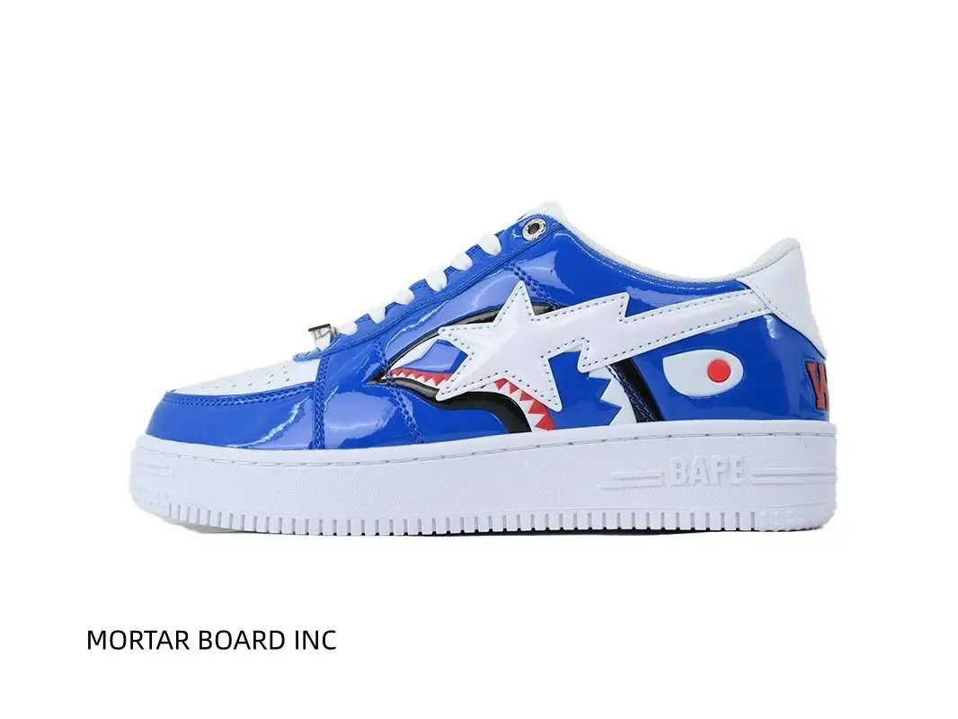 Brand New Unisex Blue‑White Shark Pattern Glossy Patent Leather Low Top Sneakers Glossy Patent Leather Spliced Upper White Non‑slip Rubber Thick Outsole Shock‑Absorbing Durable Daily Sports Board Shoes