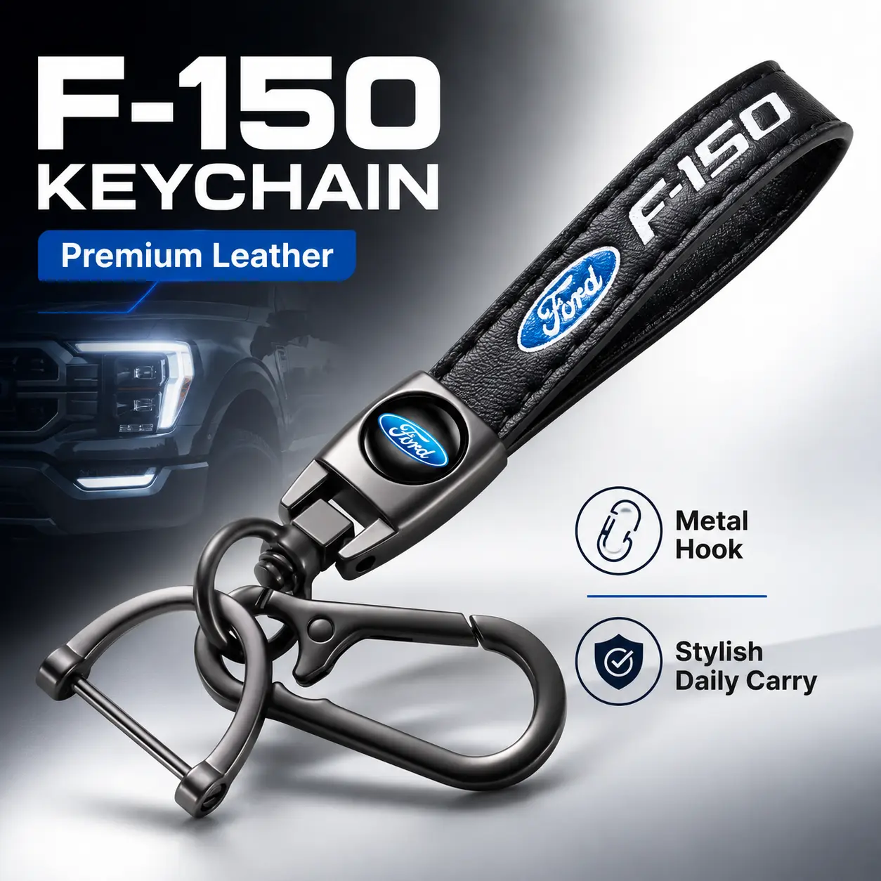 Genuine Leather Car Keychain for Ford F150 F-150 Series, Heavy Duty Metal Key Chain Ring for Men & Women, Premium Car Accessories, Anti-Lost Key Holder, Durable Ford F150 Keychain Ford Truck Accessories Car Keychain Set
