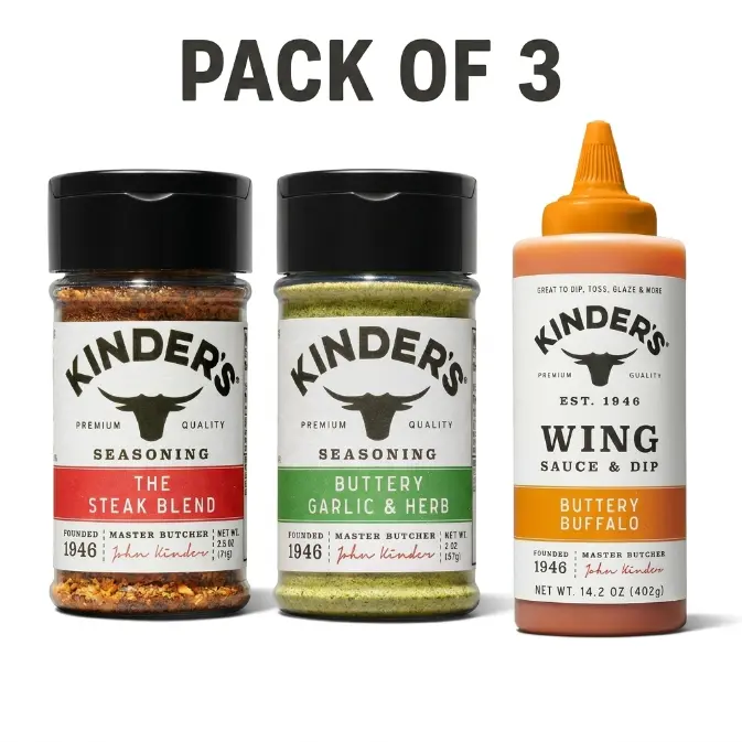 Pack of 3 Kinders, Buttery Garlic & Herb 2 oz, Buffalo Wing Sauce 14.2 oz & The Steak Blend 2.5 oz