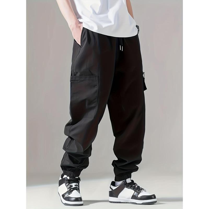 Men's solid color cargo pants with pockets and zippers, regular fit, durable and wear-resistant, suitable for everyday wear, street style men's casual trousers.