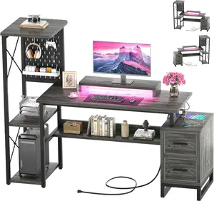 Computer Desk with 2 Fabric Drawers - Reversible Home Office Desk with Power Outlet & LED Lights, 53" Writing Desk with Monitor Stand & Storage Shelves, Gaming Desk Study Table with Pegboard, Grey Oak
