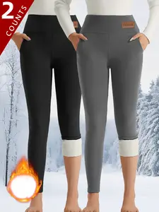2pcs Women's Solid High Waist Thermal Lined Sports Leggings,Casual Comfy Breathable Skinny Pants for Yoga Gym Workout Running,Ladies Sportswear for Al Seasons