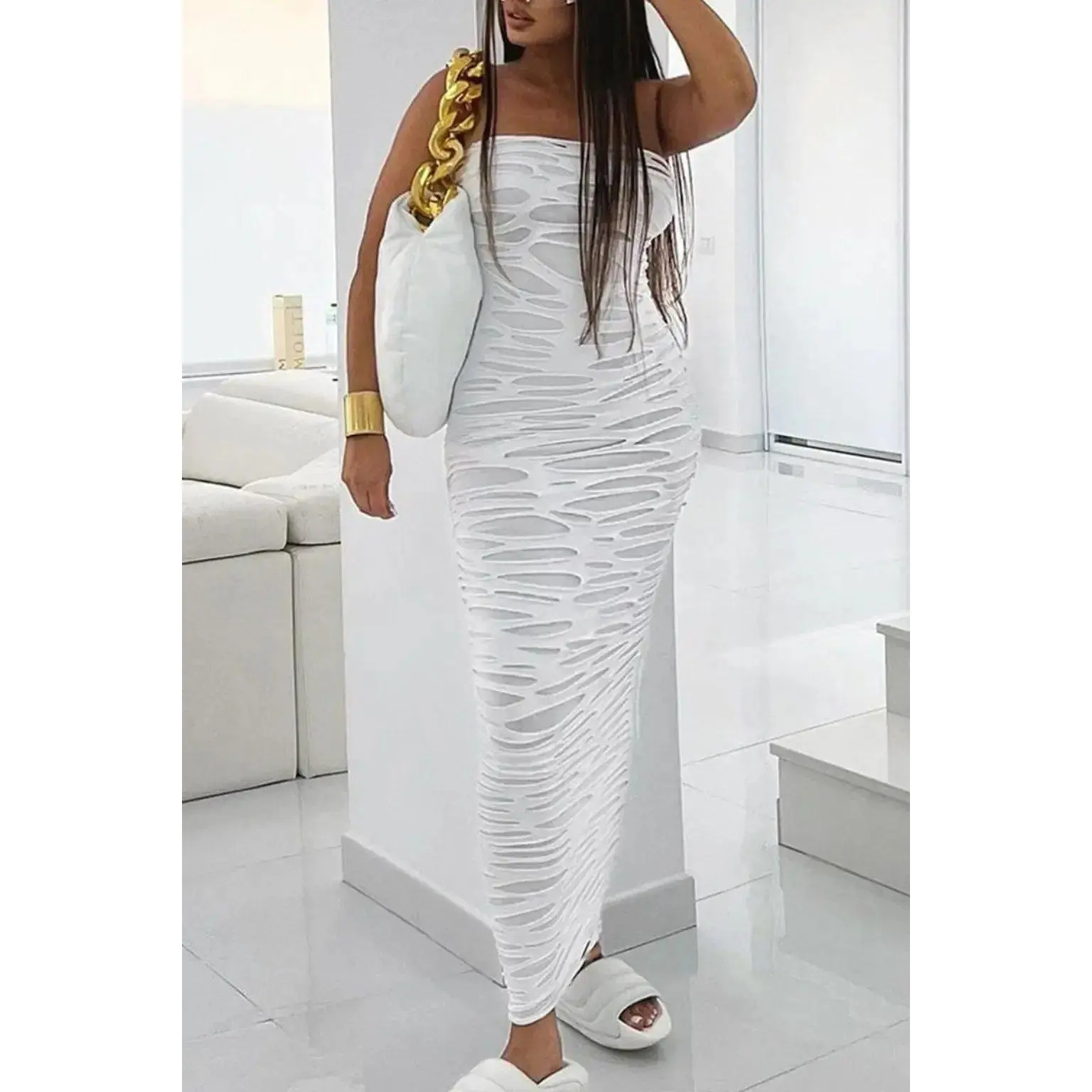 Sky Siren White Ripped Cutout Maxi Dress