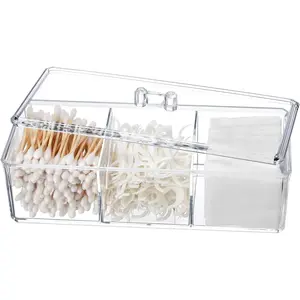 Qtip Holder Transparent 3 Compartments Cotton Ball and Swab Holder Organizer with Lid,Jar for Cotton Rounds,Bathroom Containers,Clear  Desk Organizer for Makeup Pads, Bedroom