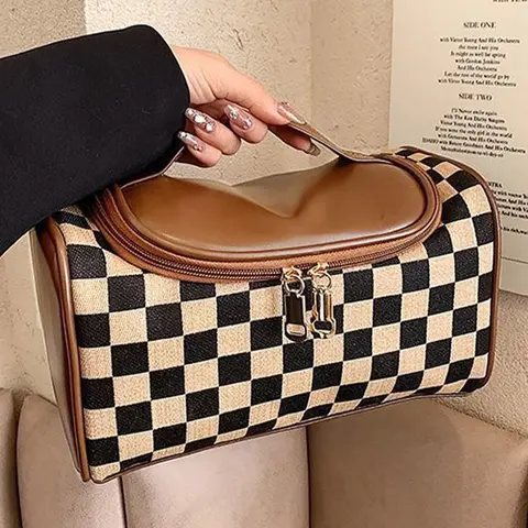 Fashion Colorblock Checked Pattern Makeup Bag, Casual Versatile Zipper Makeup Pu Leather Storage Bag, Makeup Organizer Pouch for Women & Girls, Travel Cosmetic Bags, Cosmetics Bag, Travel Essentials