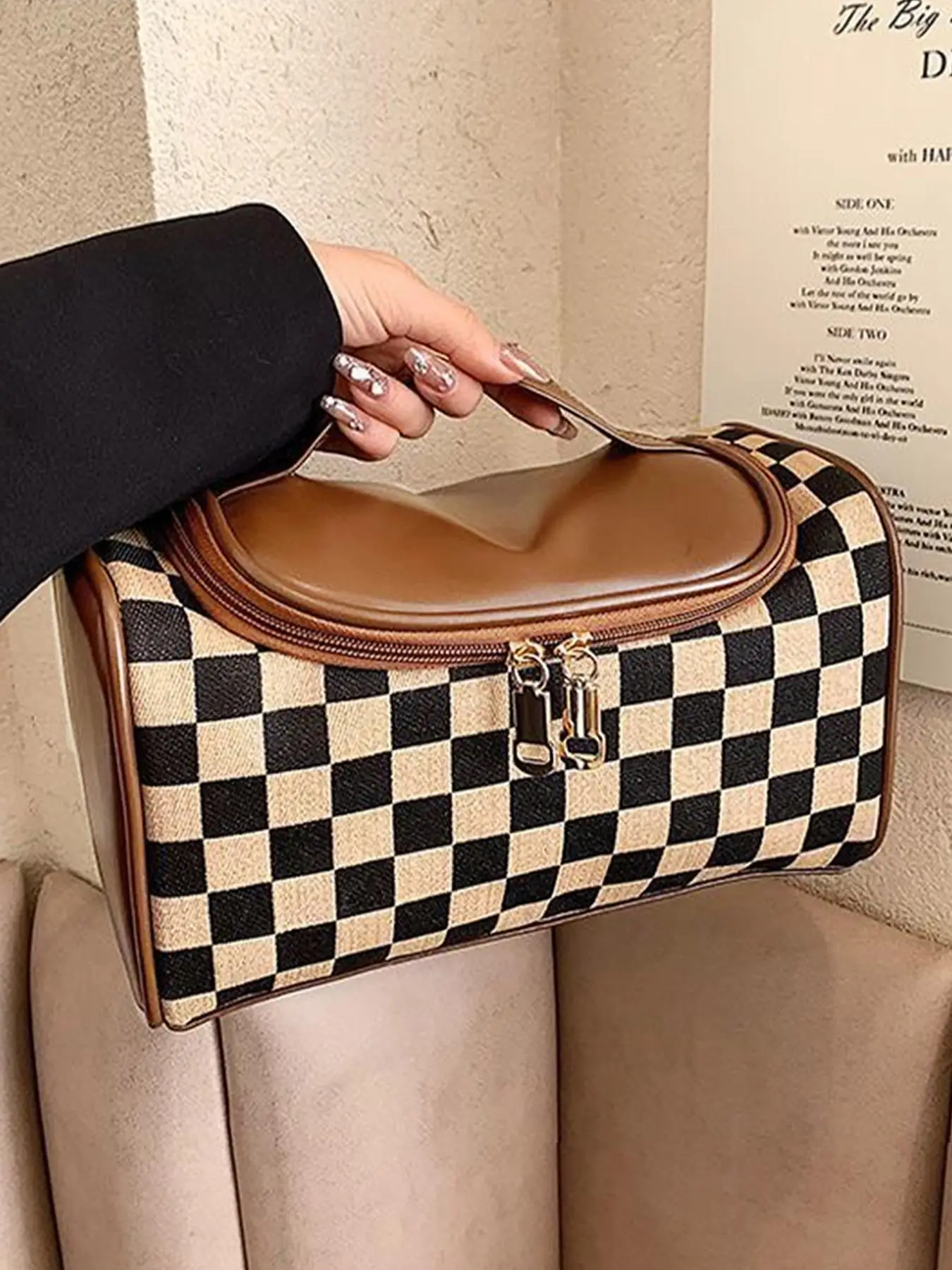 Fashion Colorblock Checked Pattern Makeup Bag, Casual Versatile Zipper Makeup Pu Leather Storage Bag, Makeup Organizer Pouch for Women & Girls