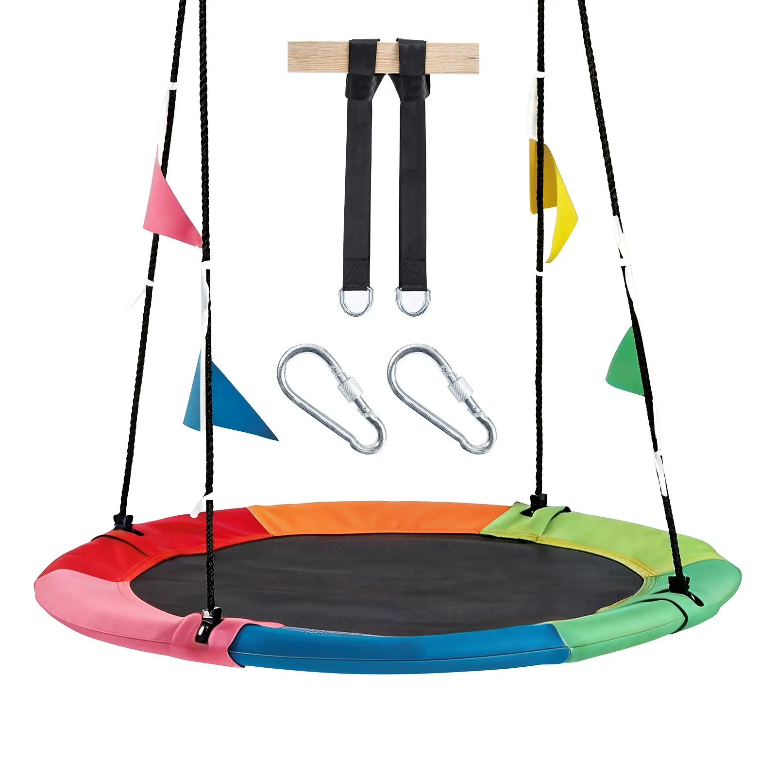 Saucer Swing for Kids Outdoor, Tree Swing Set Summer Fun, 440 lb Capacity, Multicolor 600D Oxford Fabric & Adjustable Ropes, Straps & Carabiners
