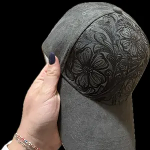 Burned Baseball Cap w/ Floral Tooled Pattern