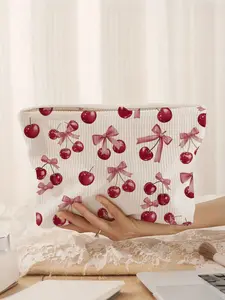 Lightweight Cherry Bow Makeup Bag, Makeup Organizer Pouch, Fashionable Corduroy Design, Zippered Closure, Ideal for Travel & Daily Use, Compact Organizational Solution