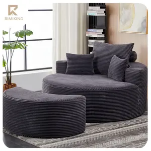 RIMIKING Corduroy Swivel Lounge Chair & Ottoman Set, Ergonomic Round Accent Chair with Pillows & Free Plush Blanket, No Assembly Needed,8678