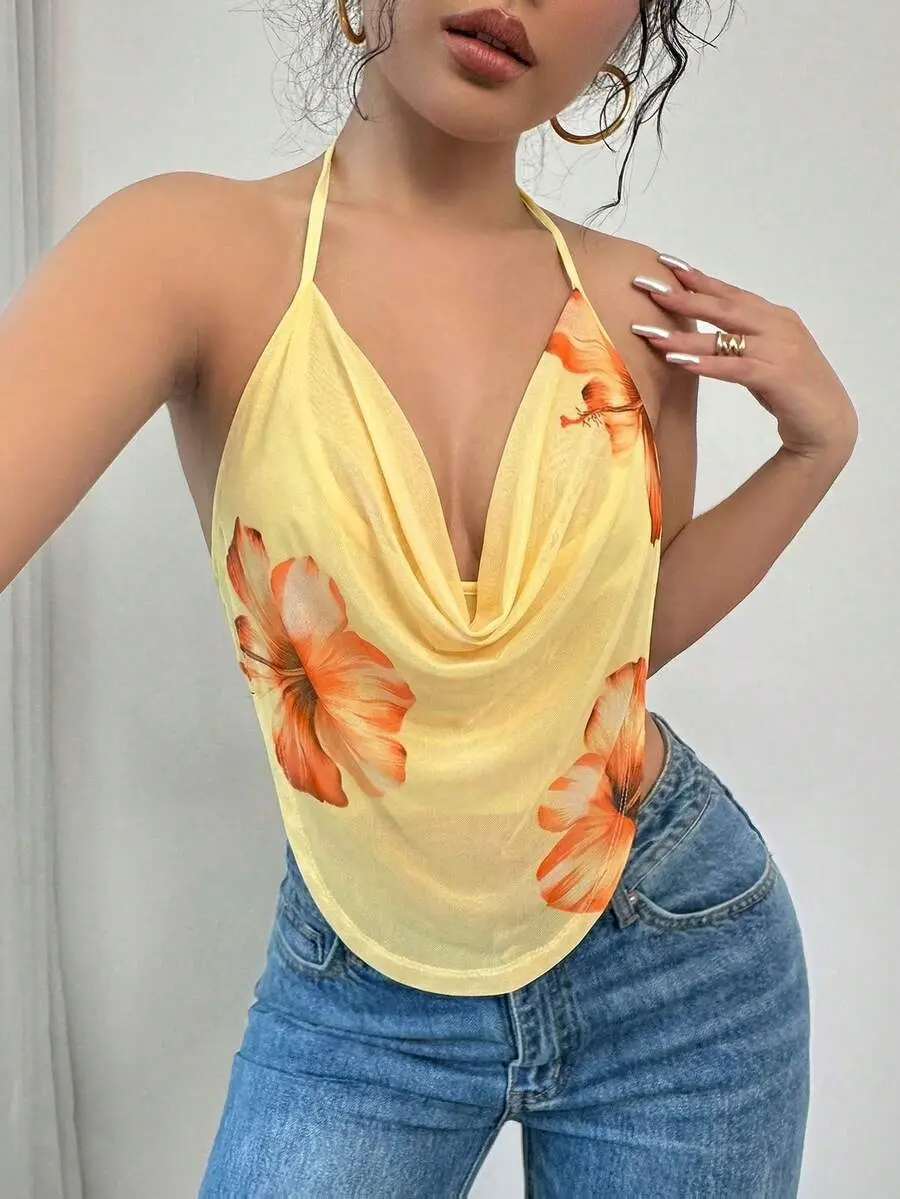 Floral Halter Mesh Top for Women, Draped Cowl Neck Sleeveless Cami, Vacation Resort Going Out Summer Top