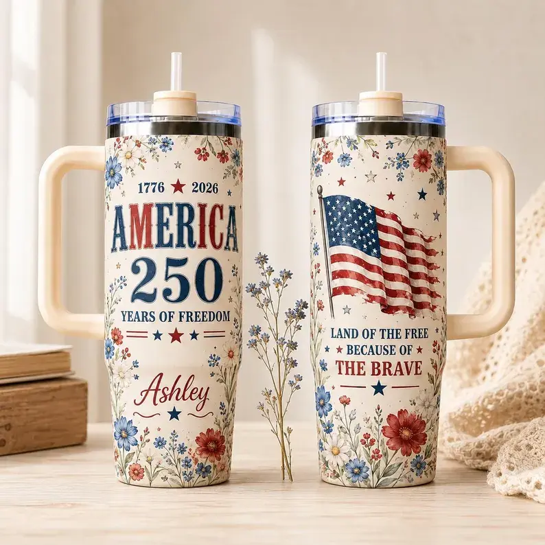 Personalized America 250 40oz Tumbler with Handle, USA 250th Anniversary Tumbler, Patriotic 4th of July, Custom Independence Day Gift