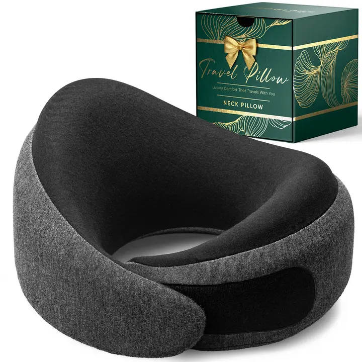 Proglobe Luxe Memory Foam Travel Neck Pillow for Airplanes – Ergonomic 360° Support with Soft Chin Support, Organic Cotton Cover, Compact Compression Bag