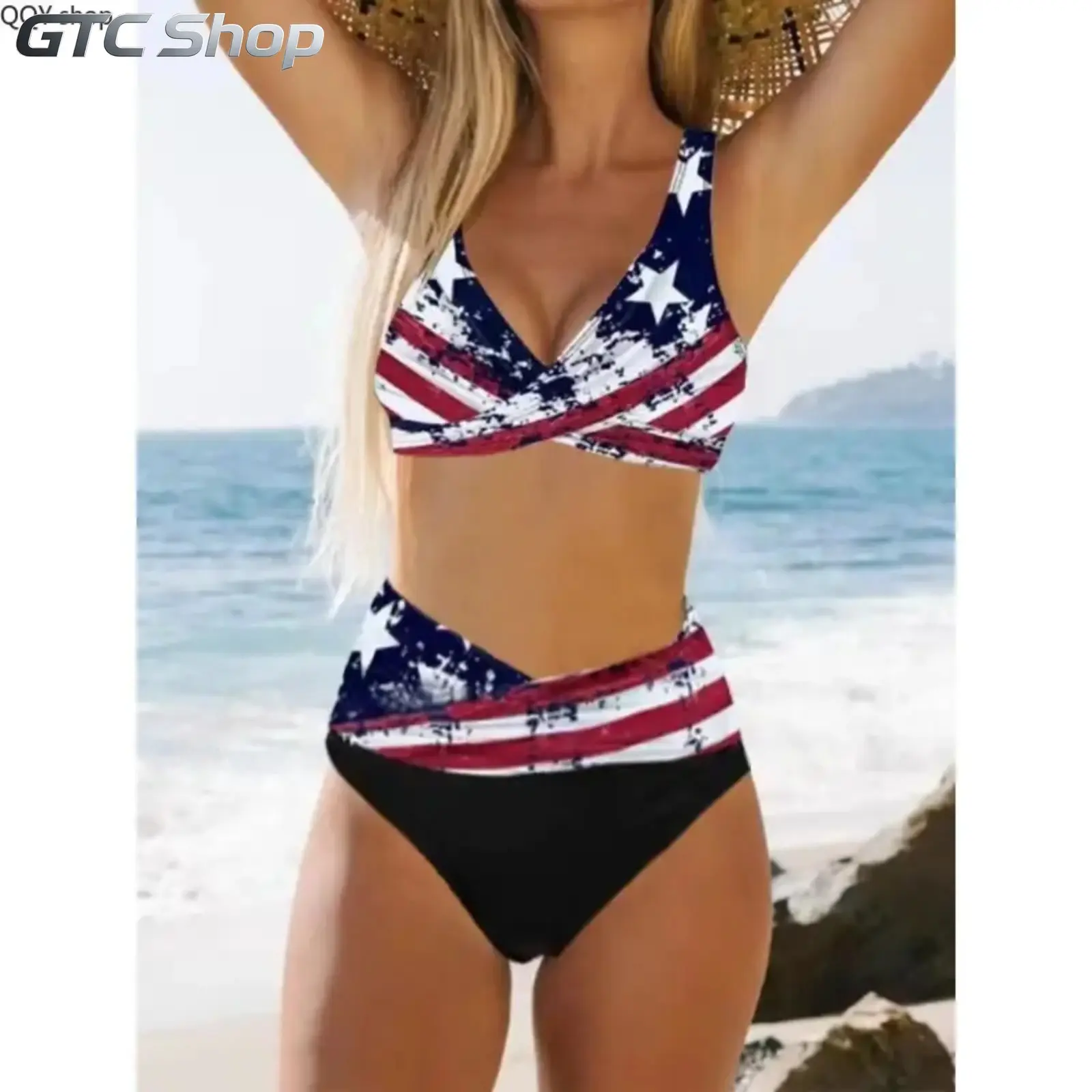 2Pcs Star Flag Print Bikini Set Deep V Neck Lace Up High Waisted Swimsuit Slim Fit Sleeveless Women Two Piece Swimwear Trendy Beach Bathing Suit Comfort Stylish Outfit Perfect For Summer Seaside Vacation Pool Party Holiday Leisure Water Activity