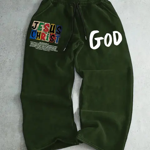 Men's Straight Leg Long Trouser Pants with Jesus Print, Casual Fashion, Comfortable Fit, Elastic, Perfect for Daily Wear, Stylish Men's Clothing, Casual Streetwear Trousers, Casual Wear Bottoms