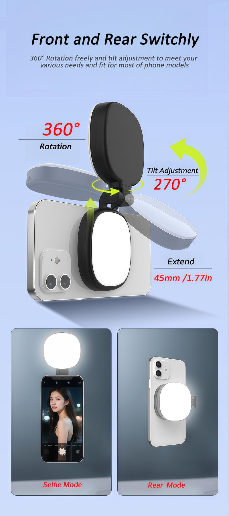 3 in-1 Magnetic Mirror Selfie Light 360° LED Fill Light and Phone Stand ...