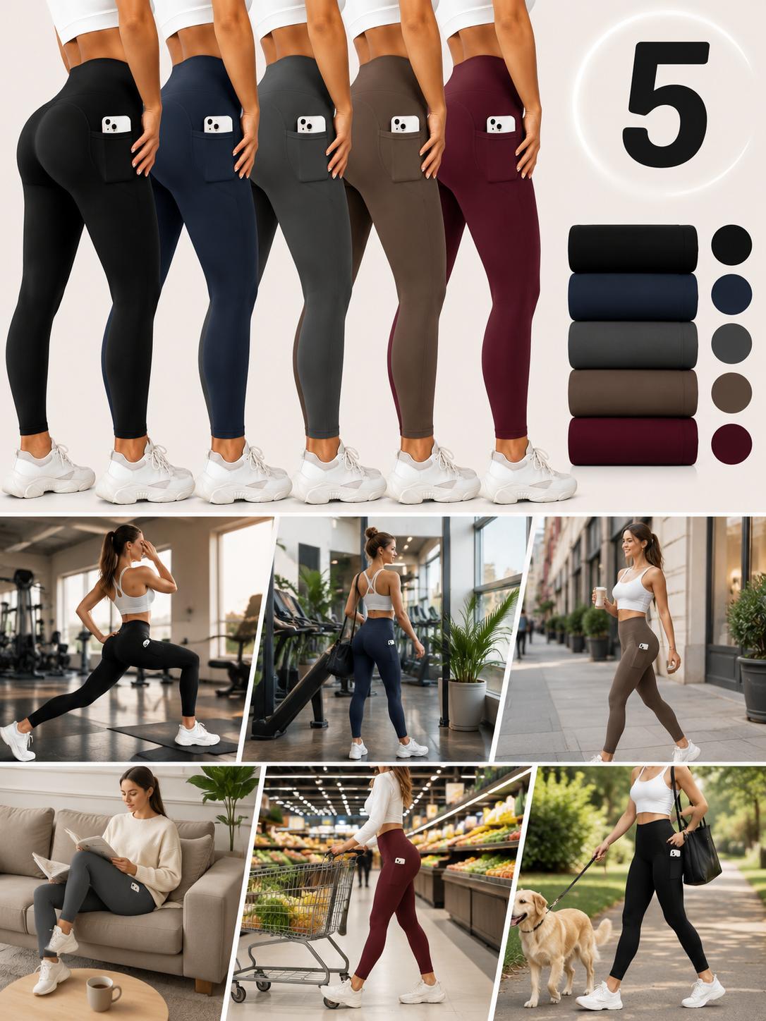 OKP Women's 5-Pack Solid High-Waist Pocket Sports Leggings - Comfy Breathable Skinny Active Gym Pants, Athleisure Fitness Pants for Yoga, All-Season Women's Clothes, Clothes For Women,clothes for back to school,first day of school outfits