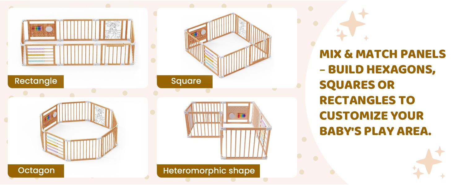 Naudacaa Baby Playpen & Safety Gate, 6/8/10 Panels  Foldable Pine Wood Play Yard with Child-Proof Lock, Easy-Assembly Baby Fence for Indoor Safe Play