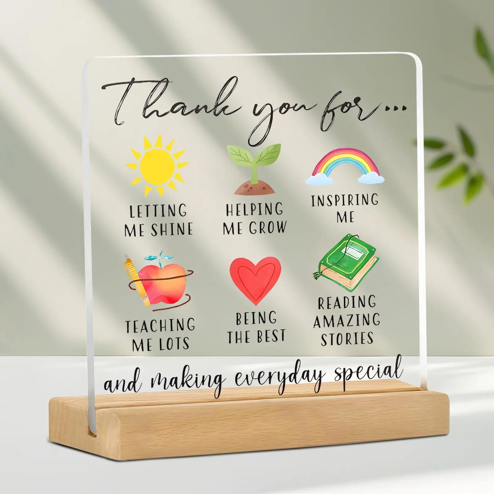 Clear Acrylic Desktop Plaque, 1 Count Letter & Plant Pattern Creative Desktop Ornament, Teacher Appreciation Gift, Home Office Decoration