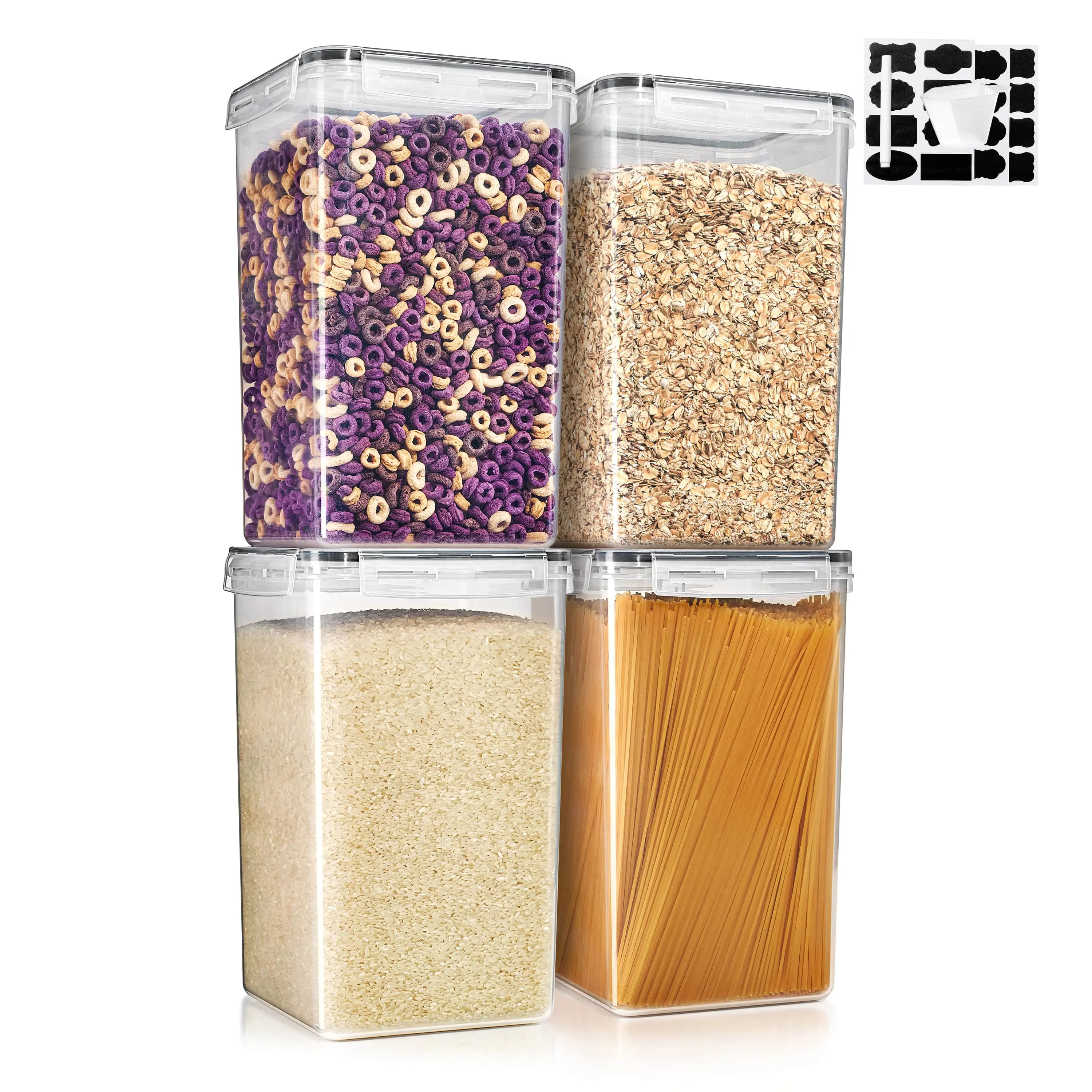 Sorbus BPA-Free Airtight Rectangle Snack Container Set - 4-Pack 6.5L/219.79 Oz Leak-Proof Stackable Containers with Locking Lids, Measuring Cups, Labels, 6 Kitchen Utensils & Canister Storage Jars (Maintains Freshness)