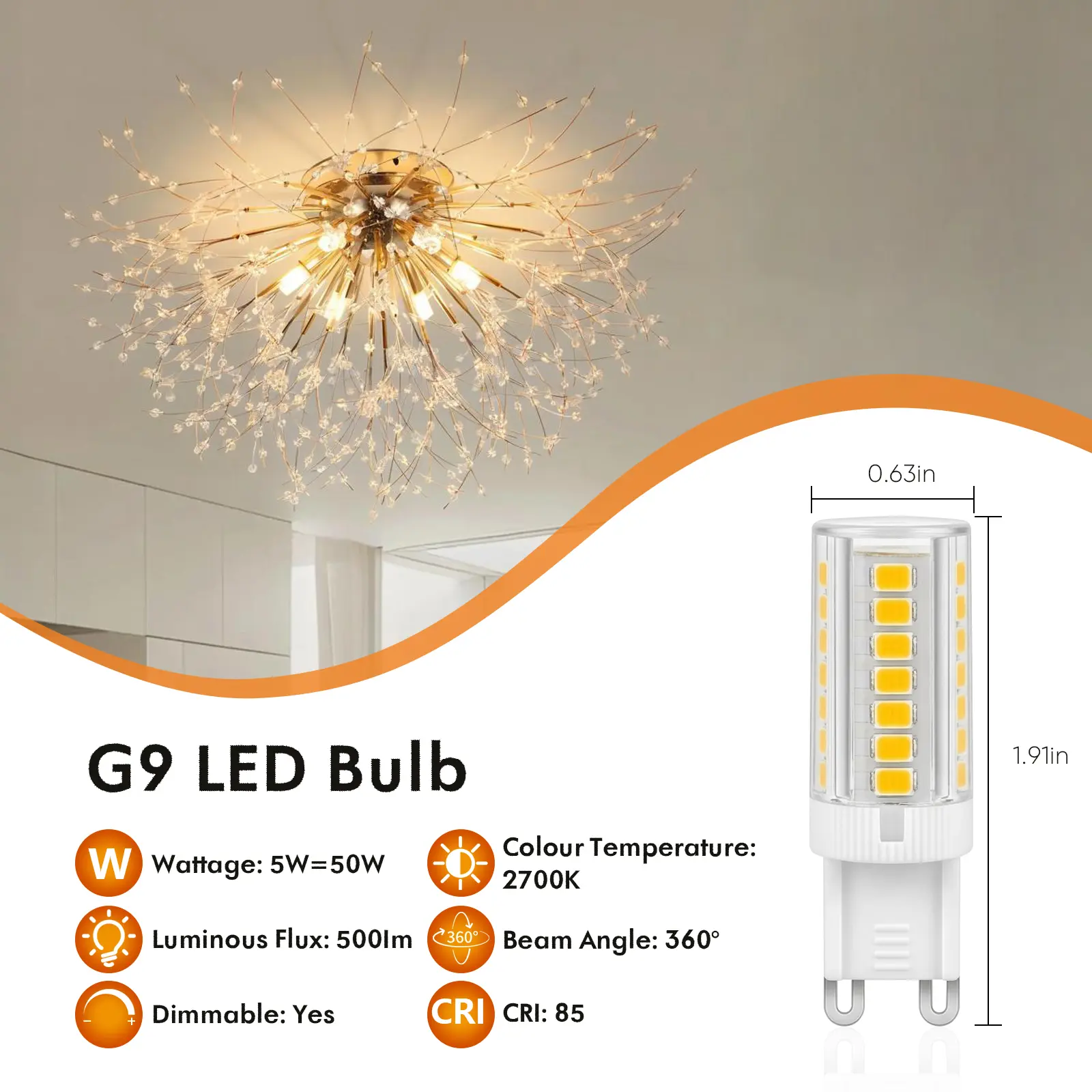 6 Pack G9 LED Bulb 5W 50W Equivalent, 2700K Warm White Dimmable Bulbs, 500LM G9 Bi-pin Light Bulbs for Chandelier and Pendant Lights