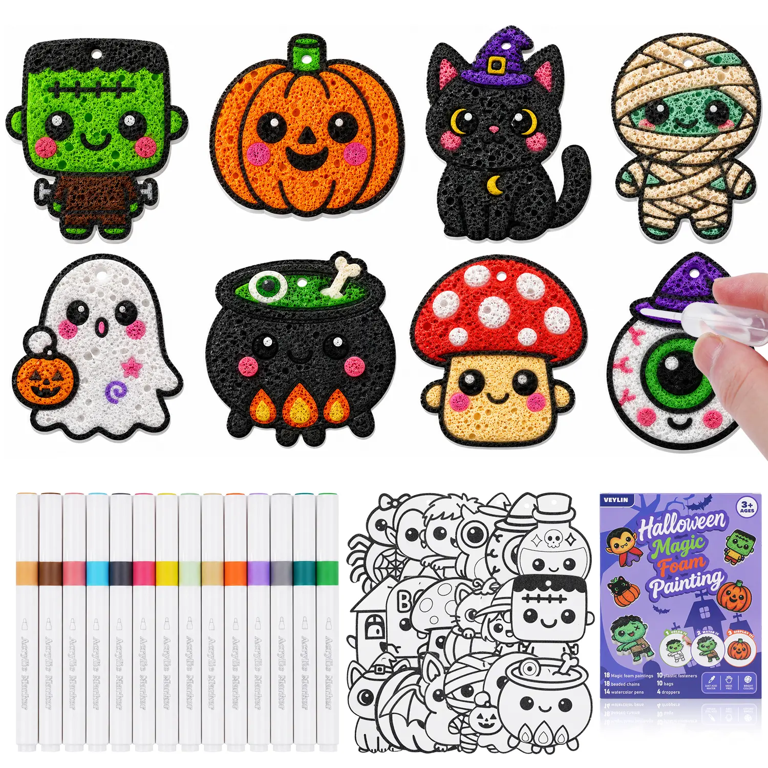 Halloween Magic Foam Painting Kit - 18-Piece DIY Water Reveal Set, Mess-Free Activity for Family Craft Time, Halloween Party Favors, Creative Gift for Kids Ages 3+, Halloween Parties
